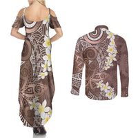 Mocha Mousse Polynesian Tribal Frangipani Tropical Vibe Couples Matching Summer Maxi Dress and Long Sleeve Button Shirt LT14 - Polynesian Pride