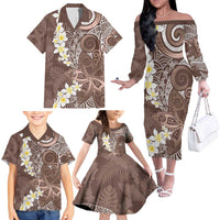 Mocha Mousse Polynesian Tribal Frangipani Tropical Vibe Family Matching Off The Shoulder Long Sleeve Dress and Hawaiian Shirt