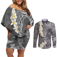 Gray Polynesian Tribal Frangipani Tropical Vibe Couples Matching Off Shoulder Short Dress and Long Sleeve Button Shirt LT14 Gray - Polynesian Pride