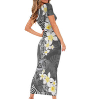Gray Polynesian Tribal Frangipani Tropical Vibe Short Sleeve Bodycon Dress