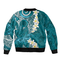 Cyan Polynesian Tribal Frangipani Tropical Vibe Bomber Jacket