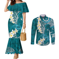 Cyan Polynesian Tribal Frangipani Tropical Vibe Couples Matching Mermaid Dress and Long Sleeve Button Shirt LT14 Cyan - Polynesian Pride