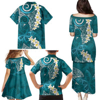 Cyan Polynesian Tribal Frangipani Tropical Vibe Family Matching Puletasi and Hawaiian Shirt
