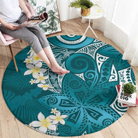 Cyan Polynesian Tribal Frangipani Tropical Vibe Round Carpet
