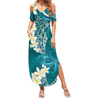 Cyan Polynesian Tribal Frangipani Tropical Vibe Summer Maxi Dress