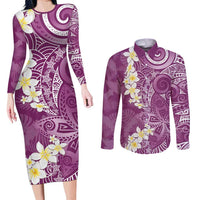 Pink Polynesian Tribal Frangipani Tropical Vibe Couples Matching Long Sleeve Bodycon Dress and Long Sleeve Button Shirt LT14 Pink - Polynesian Pride