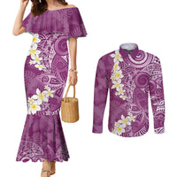 Pink Polynesian Tribal Frangipani Tropical Vibe Couples Matching Mermaid Dress and Long Sleeve Button Shirt LT14 Pink - Polynesian Pride