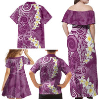 Pink Polynesian Tribal Frangipani Tropical Vibe Family Matching Off Shoulder Maxi Dress and Hawaiian Shirt