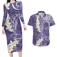 Violet Polynesian Tribal Frangipani Tropical Vibe Couples Matching Long Sleeve Bodycon Dress and Hawaiian Shirt