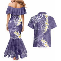 Violet Polynesian Tribal Frangipani Tropical Vibe Couples Matching Mermaid Dress and Hawaiian Shirt
