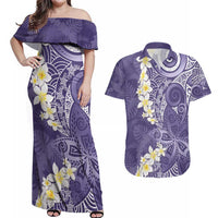 Violet Polynesian Tribal Frangipani Tropical Vibe Couples Matching Off Shoulder Maxi Dress and Hawaiian Shirt