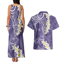 Violet Polynesian Tribal Frangipani Tropical Vibe Couples Matching Tank Maxi Dress and Hawaiian Shirt