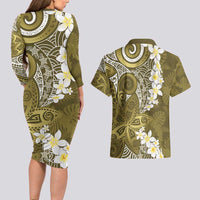 Gold Polynesian Tribal Frangipani Tropical Vibe Couples Matching Long Sleeve Bodycon Dress and Hawaiian Shirt
