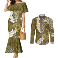 Gold Polynesian Tribal Frangipani Tropical Vibe Couples Matching Mermaid Dress and Long Sleeve Button Shirt LT14 Gold - Polynesian Pride