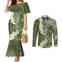 Green Polynesian Tribal Frangipani Tropical Vibe Couples Matching Mermaid Dress and Long Sleeve Button Shirt LT14 Green - Polynesian Pride