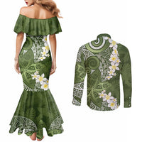 Green Polynesian Tribal Frangipani Tropical Vibe Couples Matching Mermaid Dress and Long Sleeve Button Shirt LT14 - Polynesian Pride