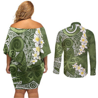 Green Polynesian Tribal Frangipani Tropical Vibe Couples Matching Off Shoulder Short Dress and Long Sleeve Button Shirt LT14 - Polynesian Pride