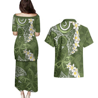 Green Polynesian Tribal Frangipani Tropical Vibe Couples Matching Puletasi and Hawaiian Shirt
