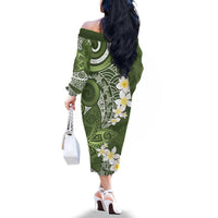 Green Polynesian Tribal Frangipani Tropical Vibe Family Matching Off The Shoulder Long Sleeve Dress and Hawaiian Shirt