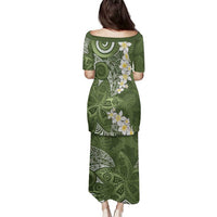 Green Polynesian Tribal Frangipani Tropical Vibe Family Matching Puletasi and Hawaiian Shirt
