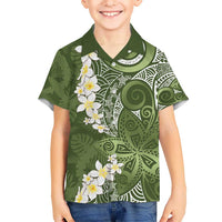 Green Polynesian Tribal Frangipani Tropical Vibe Kid Hawaiian Shirt