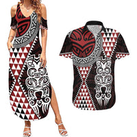 Red Aotearoa Niho Taniwha Couples Matching Summer Maxi Dress and Hawaiian Shirt Maori Mythology Tooth - Taniko Motifs LT14 Red - Polynesian Pride