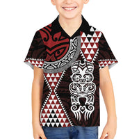 Red Aotearoa Niho Taniwha Family Matching Long Sleeve Bodycon Dress and Hawaiian Shirt Maori Mythology Tooth - Taniko Motifs LT14 Son's Shirt Red - Polynesian Pride