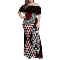 Red Aotearoa Niho Taniwha Family Matching Off Shoulder Maxi Dress and Hawaiian Shirt Maori Mythology Tooth - Taniko Motifs LT14 Mom's Dress Red - Polynesian Pride
