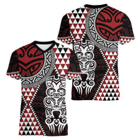 Red Aotearoa Niho Taniwha Women V-Neck T-Shirt Maori Mythology Tooth - Taniko Motifs LT14 - Polynesian Pride