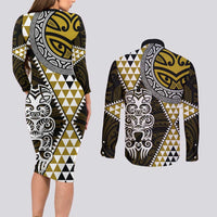 Yellow Aotearoa Niho Taniwha Couples Matching Long Sleeve Bodycon Dress and Long Sleeve Button Shirt Maori Mythology Tooth - Taniko Motifs LT14 - Polynesian Pride