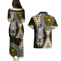 Yellow Aotearoa Niho Taniwha Couples Matching Puletasi and Hawaiian Shirt Maori Mythology Tooth - Taniko Motifs LT14 - Polynesian Pride