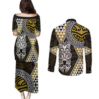Yellow Aotearoa Niho Taniwha Couples Matching Puletasi and Long Sleeve Button Shirt Maori Mythology Tooth - Taniko Motifs LT14 - Polynesian Pride