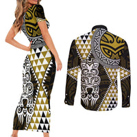 Yellow Aotearoa Niho Taniwha Couples Matching Short Sleeve Bodycon Dress and Long Sleeve Button Shirt Maori Mythology Tooth - Taniko Motifs LT14 - Polynesian Pride