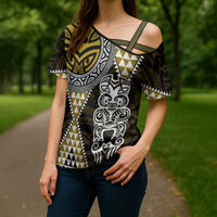 Yellow Aotearoa Niho Taniwha Cross Shoulder Shirt Maori Mythology Tooth - Taniko Motifs - Polynesian Pride