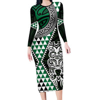 Green Aotearoa Niho Taniwha Family Matching Long Sleeve Bodycon Dress and Hawaiian Shirt Maori Mythology Tooth - Taniko Motifs LT14 Mom's Dress Green - Polynesian Pride