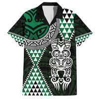 Green Aotearoa Niho Taniwha Family Matching Off Shoulder Maxi Dress and Hawaiian Shirt Maori Mythology Tooth - Taniko Motifs LT14 Dad's Shirt - Short Sleeve Green - Polynesian Pride