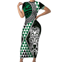 Green Aotearoa Niho Taniwha Family Matching Short Sleeve Bodycon Dress and Hawaiian Shirt Maori Mythology Tooth - Taniko Motifs LT14 Mom's Dress Green - Polynesian Pride