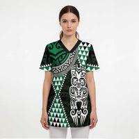 Green Aotearoa Niho Taniwha Scrub Top Maori Mythology Tooth - Taniko Motifs - Polynesian Pride