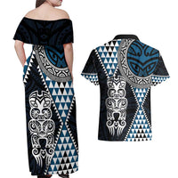 Blue Aotearoa Niho Taniwha Couples Matching Off Shoulder Maxi Dress and Hawaiian Shirt Maori Mythology Tooth - Taniko Motifs LT14 - Polynesian Pride