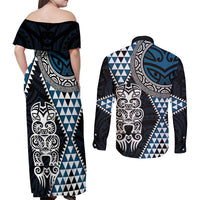 Blue Aotearoa Niho Taniwha Couples Matching Off Shoulder Maxi Dress and Long Sleeve Button Shirt Maori Mythology Tooth - Taniko Motifs LT14 - Polynesian Pride