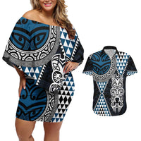 Blue Aotearoa Niho Taniwha Couples Matching Off Shoulder Short Dress and Hawaiian Shirt Maori Mythology Tooth - Taniko Motifs LT14 Blue - Polynesian Pride