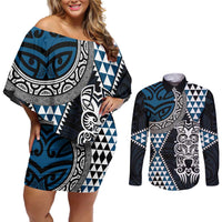 Blue Aotearoa Niho Taniwha Couples Matching Off Shoulder Short Dress and Long Sleeve Button Shirt Maori Mythology Tooth - Taniko Motifs LT14 Blue - Polynesian Pride
