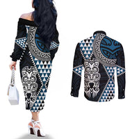 Blue Aotearoa Niho Taniwha Couples Matching Off The Shoulder Long Sleeve Dress and Long Sleeve Button Shirt Maori Mythology Tooth - Taniko Motifs LT14 - Polynesian Pride