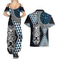 Blue Aotearoa Niho Taniwha Couples Matching Summer Maxi Dress and Hawaiian Shirt Maori Mythology Tooth - Taniko Motifs LT14 - Polynesian Pride