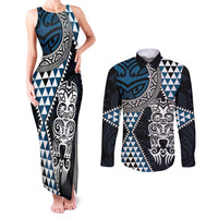 Blue Aotearoa Niho Taniwha Couples Matching Tank Maxi Dress and Long Sleeve Button Shirt Maori Mythology Tooth - Taniko Motifs LT14 Blue - Polynesian Pride
