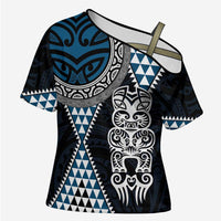 Blue Aotearoa Niho Taniwha Cross Shoulder Shirt Maori Mythology Tooth - Taniko Motifs - Polynesian Pride