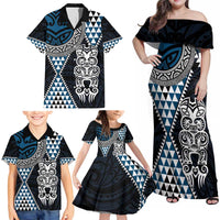 Blue Aotearoa Niho Taniwha Family Matching Off Shoulder Maxi Dress and Hawaiian Shirt Maori Mythology Tooth - Taniko Motifs LT14 - Polynesian Pride