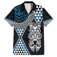 Blue Aotearoa Niho Taniwha Family Matching Off Shoulder Short Dress and Hawaiian Shirt Maori Mythology Tooth - Taniko Motifs LT14 Dad's Shirt - Short Sleeve Blue - Polynesian Pride