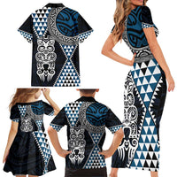 Blue Aotearoa Niho Taniwha Family Matching Short Sleeve Bodycon Dress and Hawaiian Shirt Maori Mythology Tooth - Taniko Motifs LT14 - Polynesian Pride