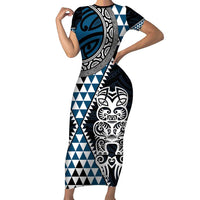 Blue Aotearoa Niho Taniwha Family Matching Short Sleeve Bodycon Dress and Hawaiian Shirt Maori Mythology Tooth - Taniko Motifs LT14 Mom's Dress Blue - Polynesian Pride